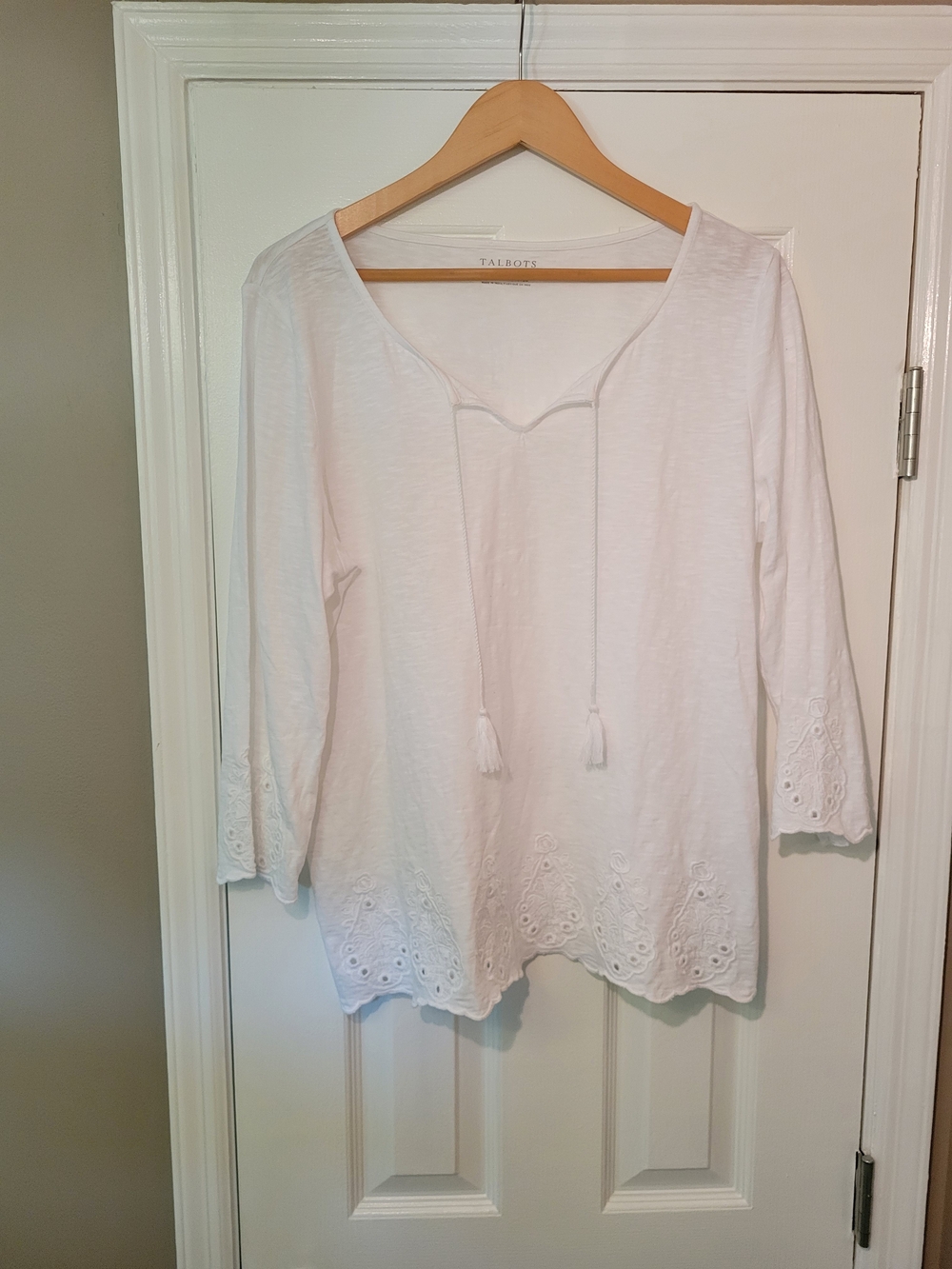 Talbots White Cotton Eyelet Tunic with Tassel Tie